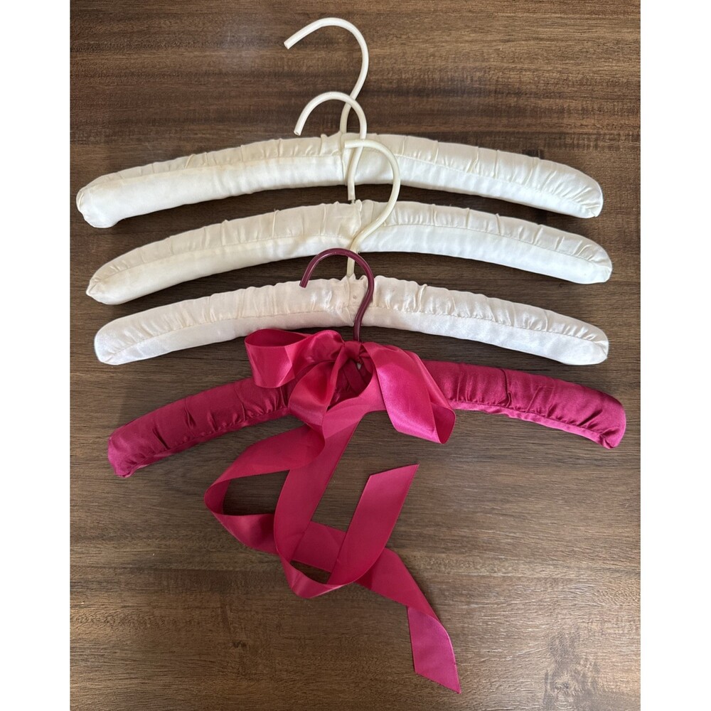 Vintage Padded Satin Silk Lingerie Hangers Set Of 4 Cream‎ / Burgundy
